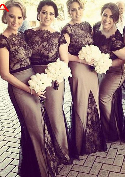 2024 New Arrival Mermaid Black Lace Bateau With Short Sleeves Long Bridesmaid Dresses / Gowns