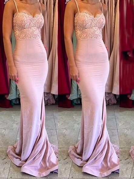 2024 New Arrival Mermaid Satin Pink Spaghetti Straps Sweetheart Long Bridesmaid Dresses / Gowns