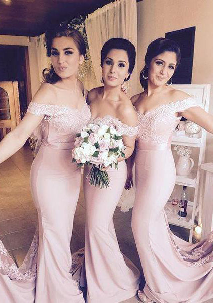 2024 New Arrival Mermaid Pink Off The Shoulder Lace Long Bridesmaid Dresses / Gowns