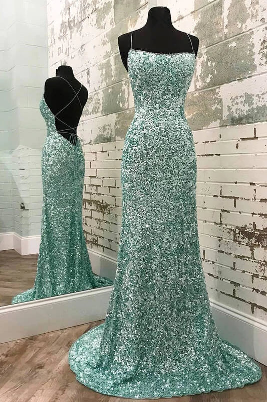Mint Green Sparkly Chic Long Formal Evening Dresses Mermaid Prom Dresses