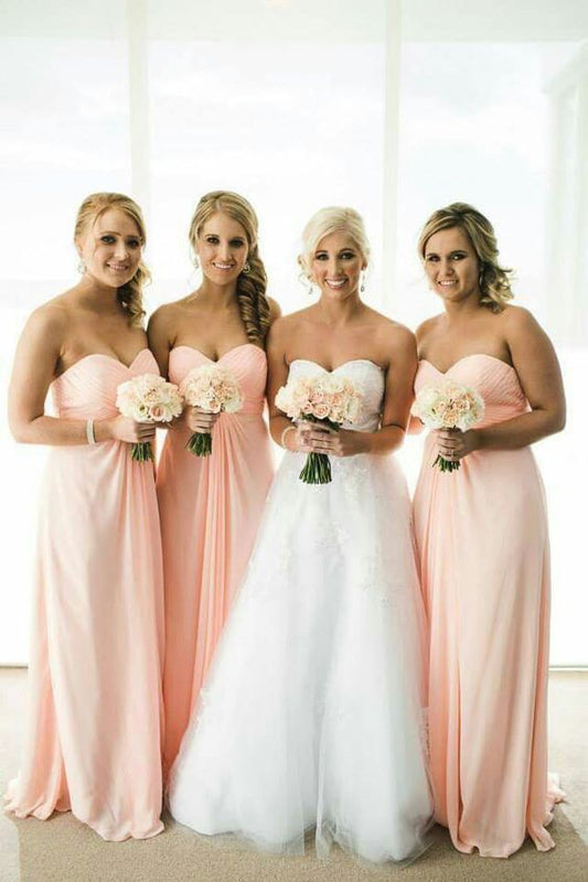 2024 Cheap A Line Pink Chiffon Sweetheart Long Bridesmaid Dresses / Gowns