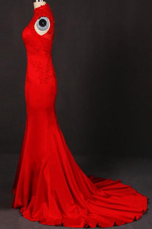 Red Sleeveless High Neck Sleeveless Satin Evening Dress Appliques Prom Dresses N2332