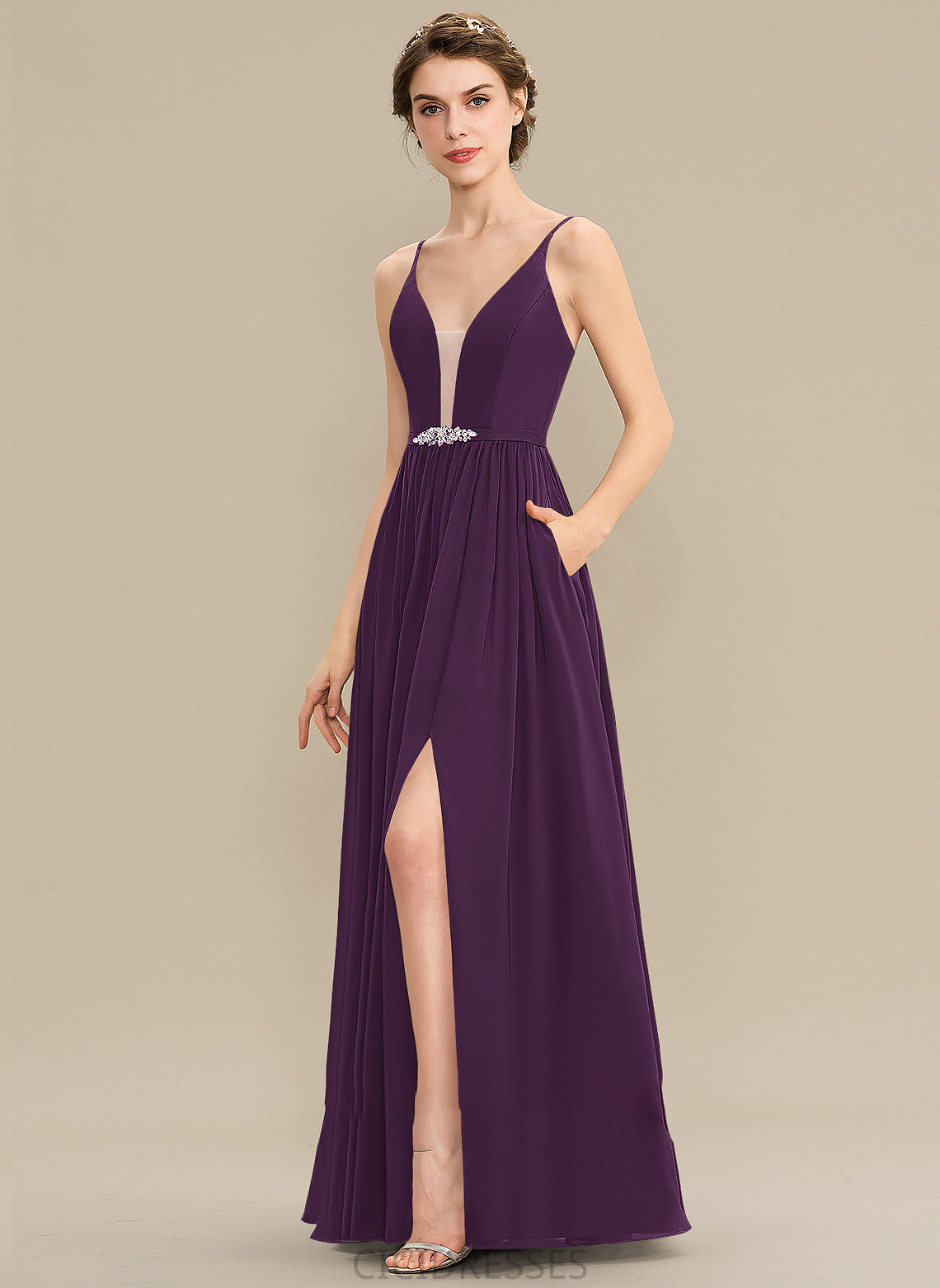 A-Line Length SplitFront Neckline Sequins Embellishment Silhouette Floor-Length Beading Fabric V-neck Pockets Bridesmaid Dresses