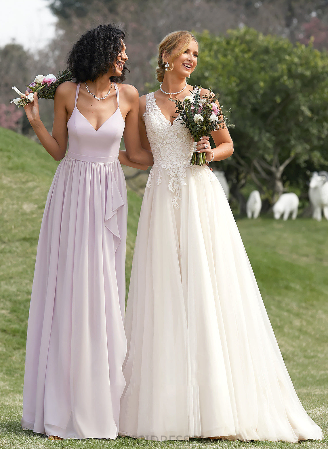 SplitFront Silhouette Asymmetrical Length Ruffle V-neck Embellishment Fabric Neckline A-Line Dakota Natural Waist Bridesmaid Dresses