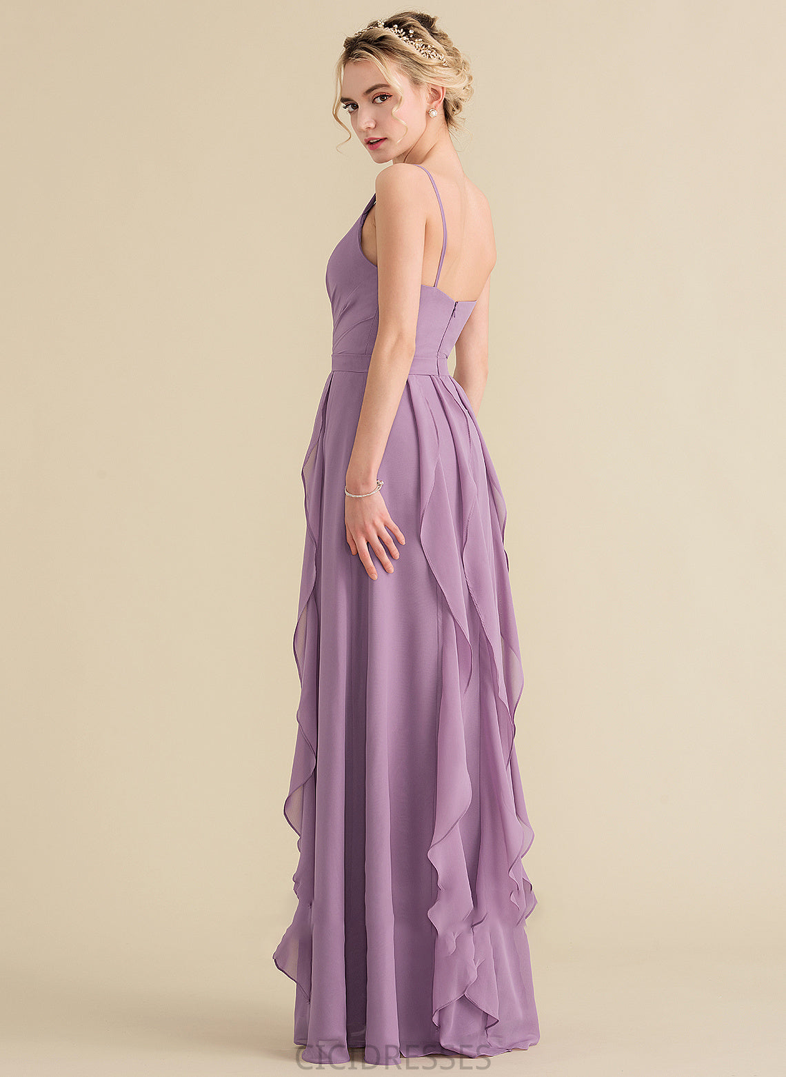 CascadingRuffles Floor-Length V-neck Neckline Embellishment Length Fabric Silhouette A-Line Halle Sleeveless Natural Waist Bridesmaid Dresses