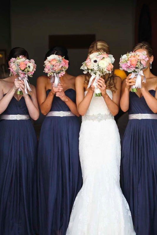 2024 Newly A Line Navy Blue Chiffon Strapless Long Bridesmaid Dresses / Gowns