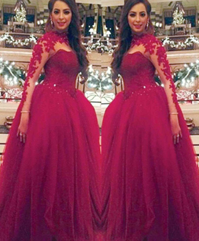 Long Sleeve Ball Gown Natural Appliques Tulle Burgundy Prom Dresses