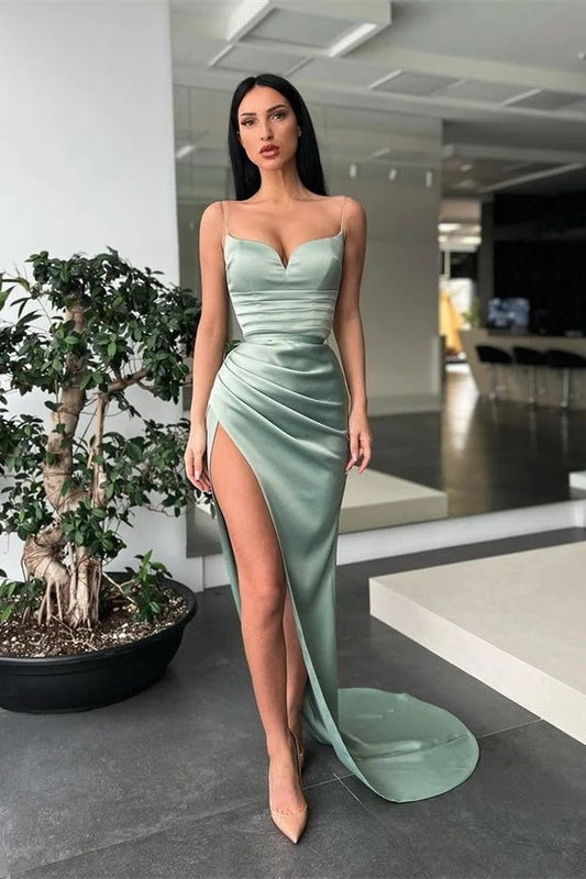 Green Spaghetti Straps Mermaid Prom Dress With High Slit