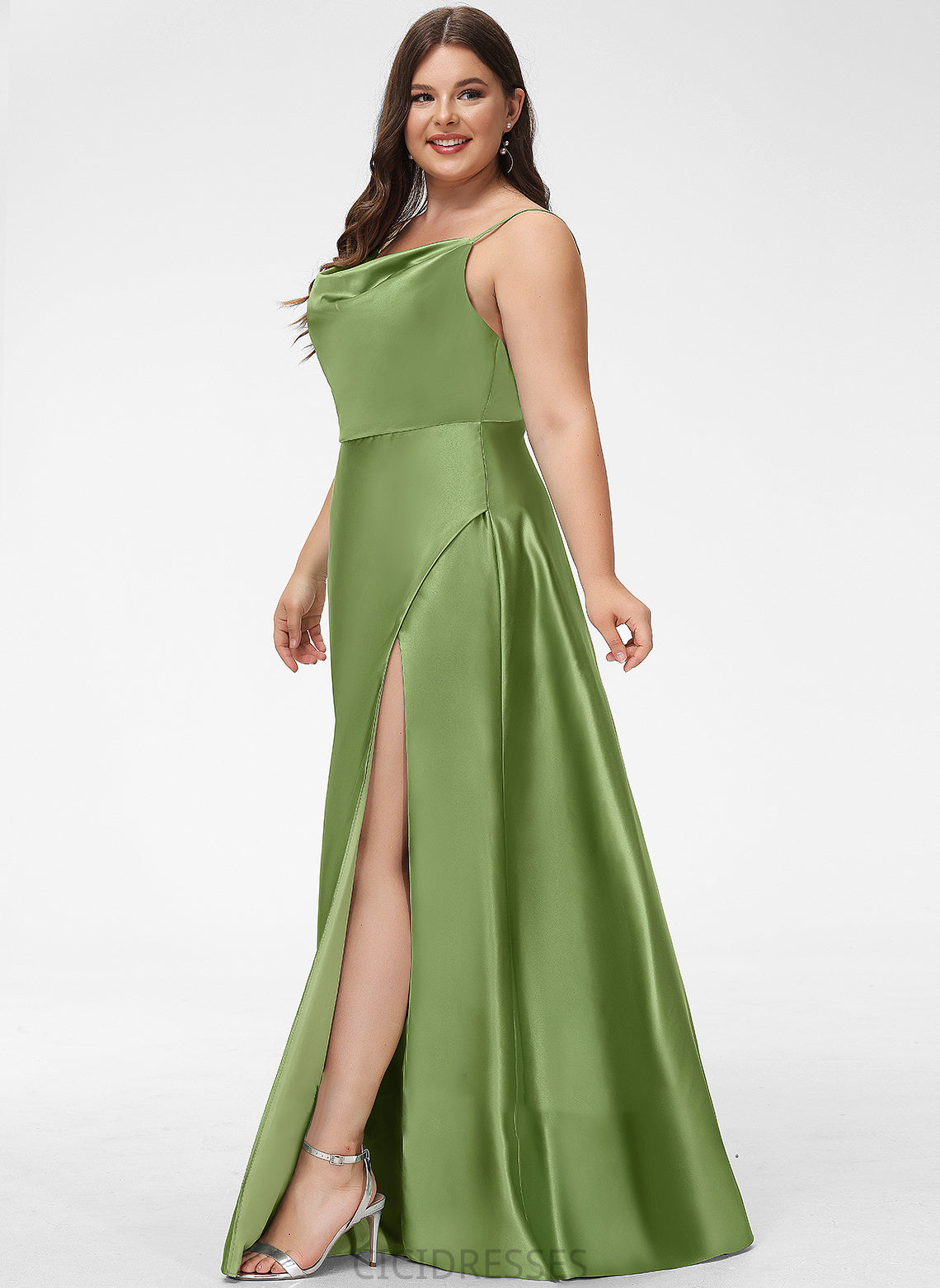 Neckline Floor-Length SplitFront CowlNeck Fabric Silhouette A-Line Length Embellishment Leyla Natural Waist Sleeveless Bridesmaid Dresses