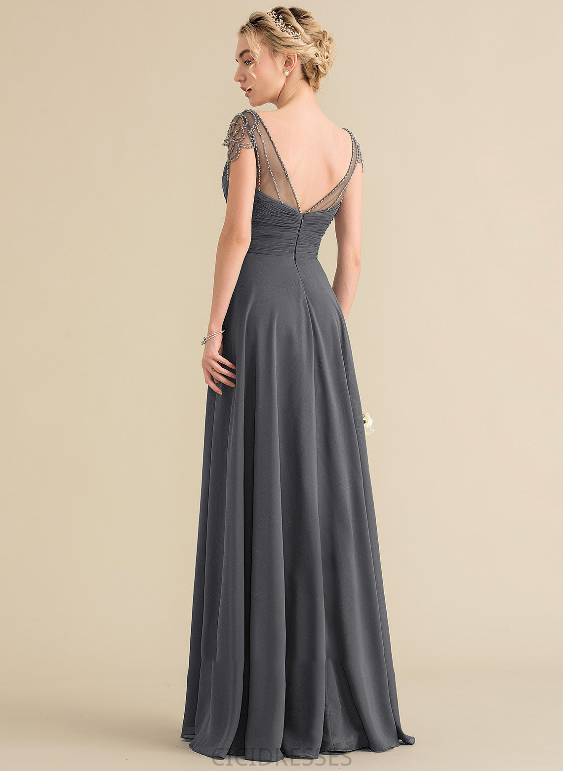 Floor-Length Sequins Fabric Neckline Embellishment A-Line Length Silhouette V-neck Beading Ruffle Joselyn Bridesmaid Dresses