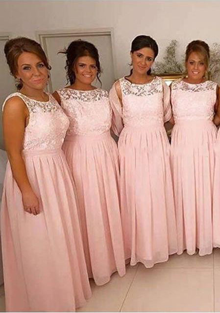 2024 Cheap A Line Pink Chiffon Bateau Lace Long Bridesmaid Dresses / Gowns