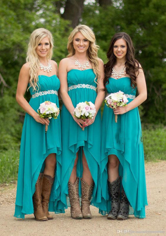 2024 New Arrival A Line Chiffon Teal High Low Short Bridesmaid Dresses / Gowns