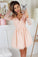 A-Line V-Neck Pink Tulle Long Sleeves Tulle Homecoming Dress with Lace N1905