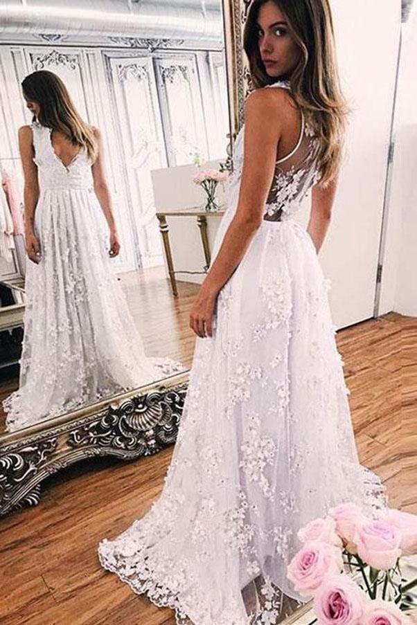 A Line V Neck Sleeveless Lace Wedding Dress, Long Bridal Dress with Lace N2507