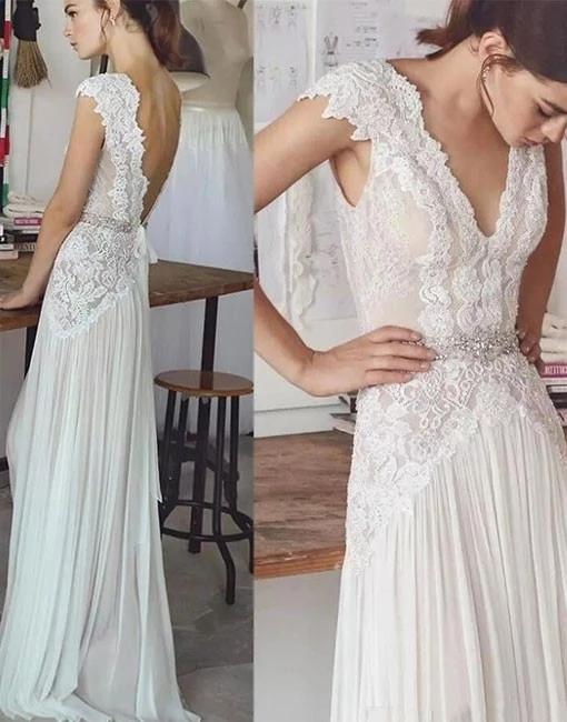 Unique V Neck Cap Sleeves Chiffon Beach Wedding Dress with Beading Waist N2521