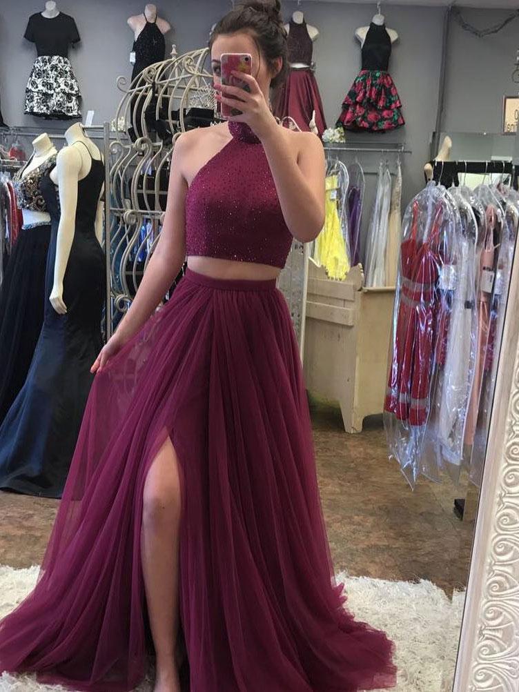 2024 Siren Princess/A-Line Tulle Side Slit Two Pieces Burgundy Prom Dresses