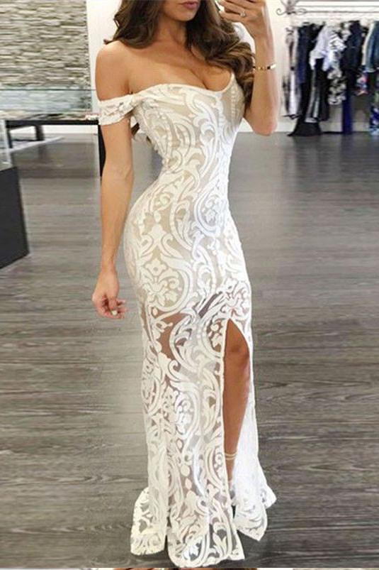 Sexy Prom Dress,Lace Sheath Prom Dresses,Off-the-Shoulder Prom Gown,Long Formal Dress,Lace Evening Dress with Split,Prom Dress 2017,Charming Evening Dress,N105