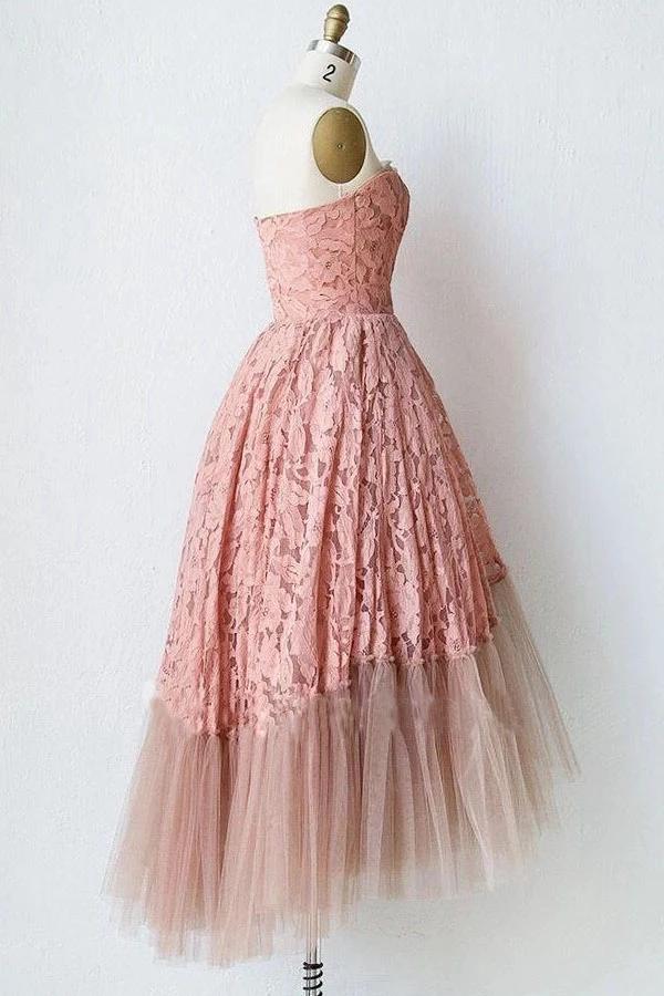 Pink Lace Strapless Tulle Short Prom Dresses, Unique Tulle Homecoming Dresses N1991