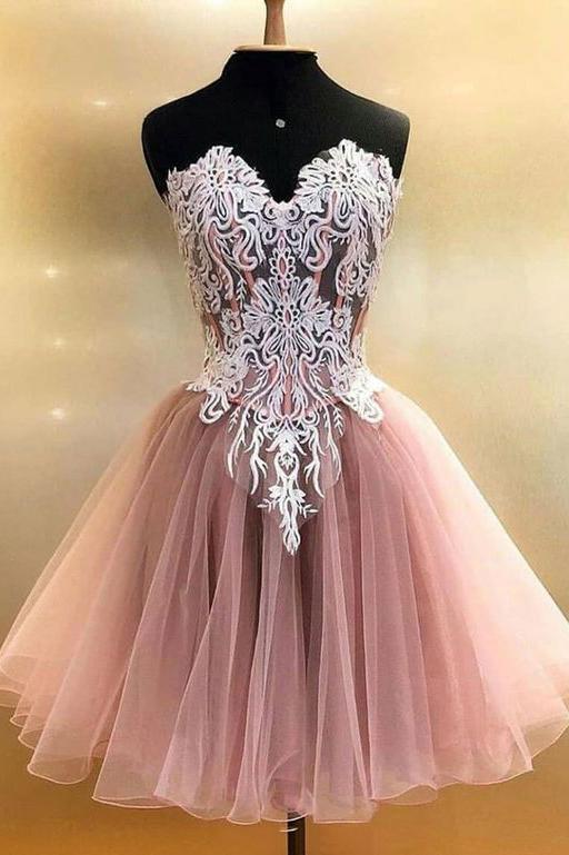 A Line Sweetheart Tulle Homecoming Dress with Lace Appliques, Cute Short Prom Dress N2131