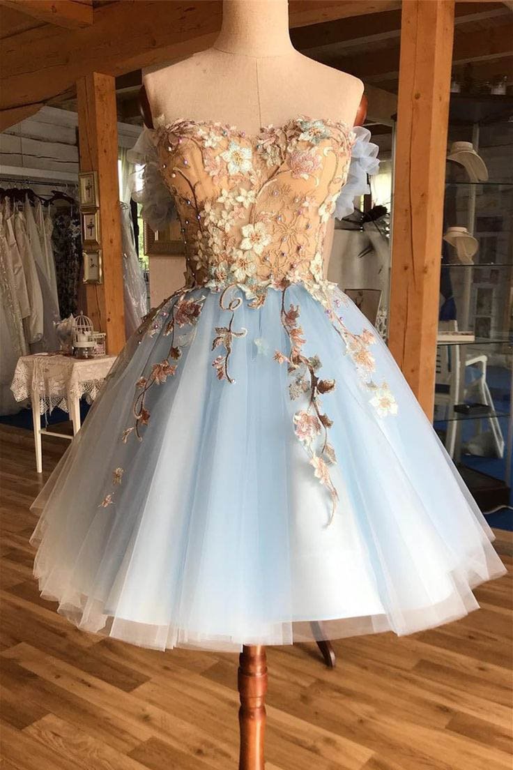 A Line Above-Knee Light Blue Tulle Homecoming Prom Dress with Appliques N1877