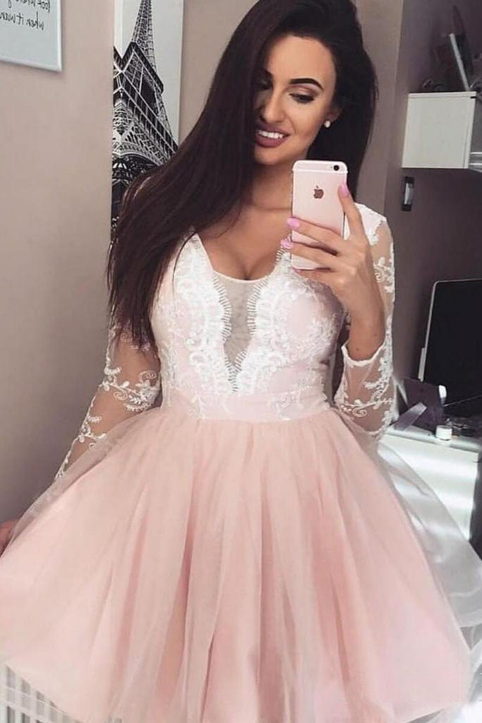 Blush Pink Short Prom Dresses Lace Tulle Long Sleeve Short Homecoming Dress N1865