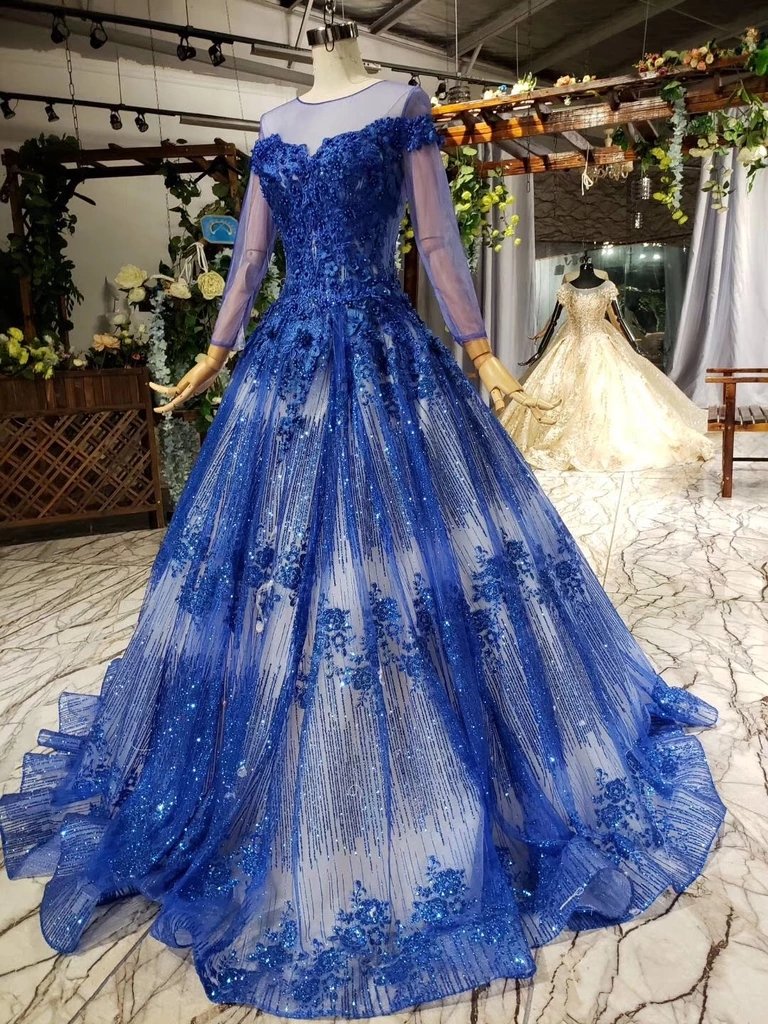 Gorgeous Long Sleeve Sheer Neck Tulle Blue Applique Ball Gown Prom Dresses with Beads N1996