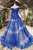 Gorgeous Long Sleeve Sheer Neck Tulle Blue Applique Ball Gown Prom Dresses with Beads N1996