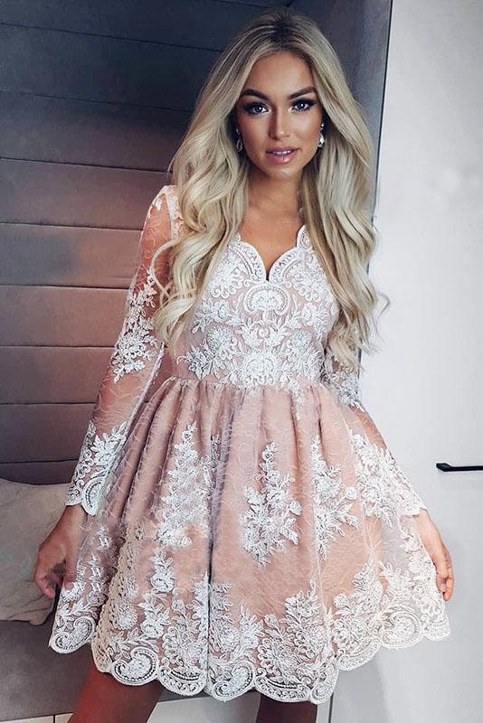 Cute A-Line V-neck Long Sleeves Short Homecoming Dress with Lace Appliques N1835