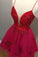 Red Spaghetti Straps V Neck Tulle Beaded Short Prom Dresses, Homecoming Dresses N1984