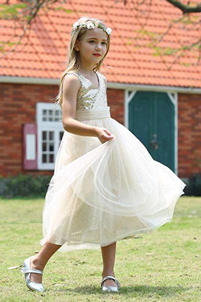 Cute V Neck Sequins Empire Tulle Sleeveless Flower Girl Dresses Child Dresses F066