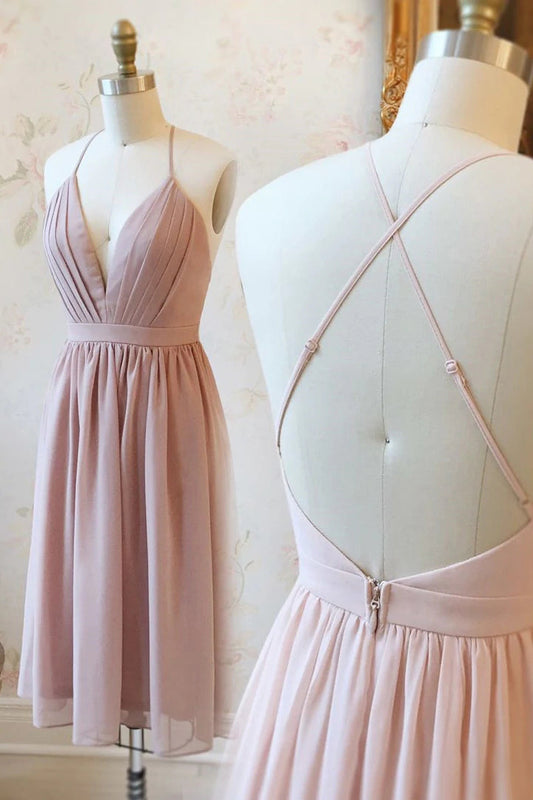 Simple Spaghetti Straps Chiffon Mid length Prom Dresses, Homecoming Dresses