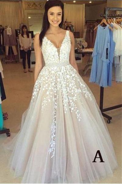 A-line V Neck Long Sexy Prom Dress,Lace Applique Ball Gowns Wedding Dresses N01