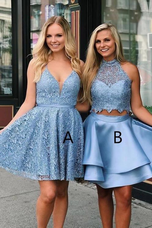 Blue Sleeveless Short Lace Graduation Dresses, Two Piece Satin Homecoming Dress with Lace N2099