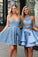 Blue Sleeveless Short Lace Graduation Dresses, Two Piece Satin Homecoming Dress with Lace N2099