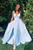 Deep V Neck Light Blue Long Prom Dresses, Simple Flowy Bridesmaid Dresses N2069