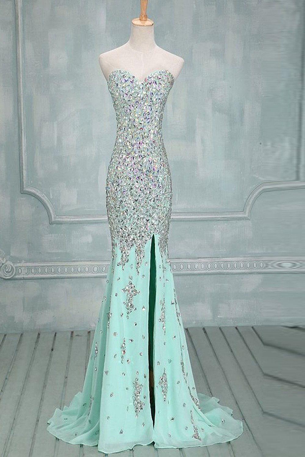 Mermaid Beaded Mint Front Split Long Prom Dress Evening Dresses ED0646