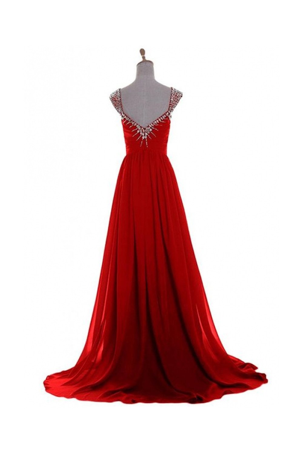 V Neck A-line Red Backless Chiffon Prom Dresses