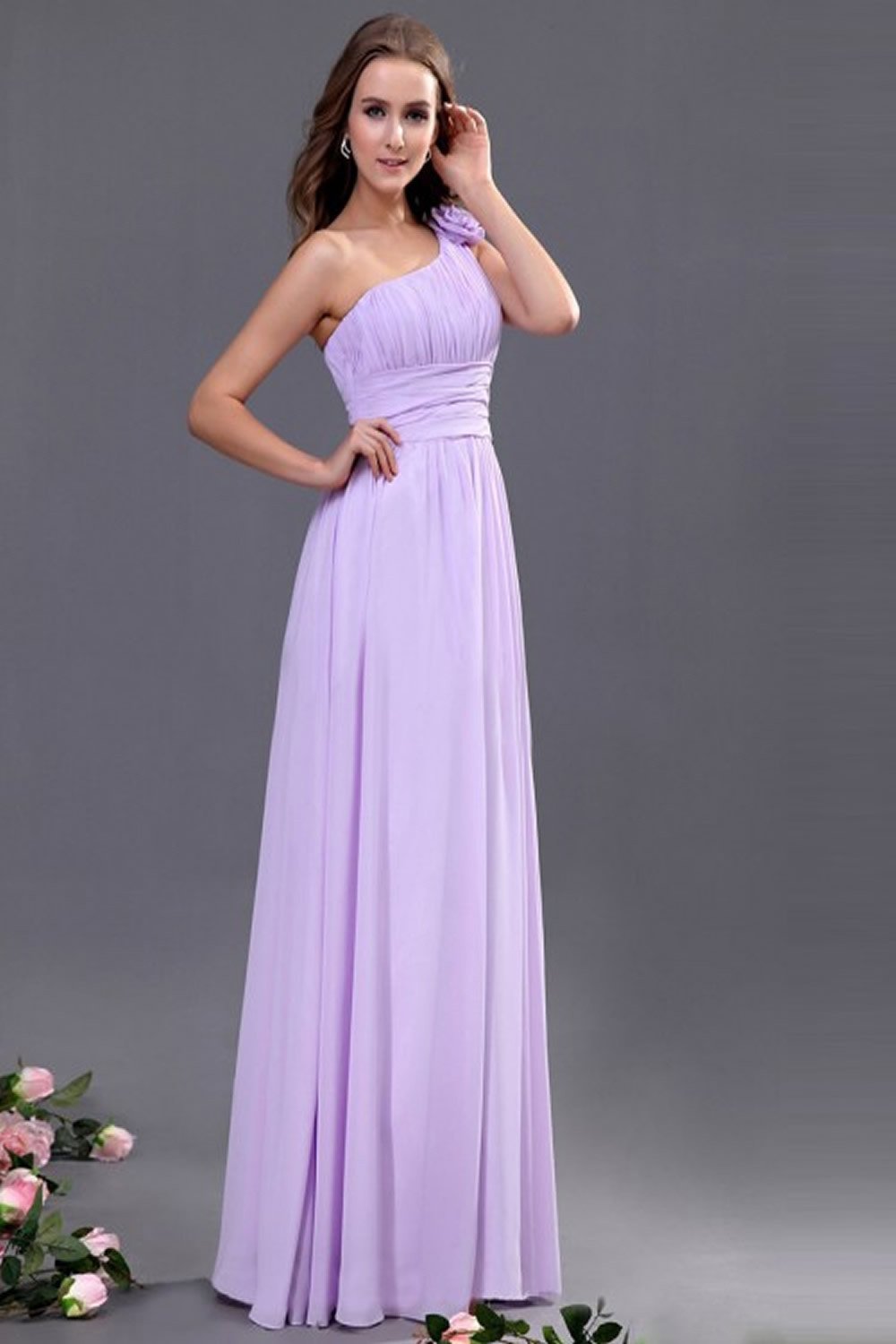 Lilac One Shoulder Chiffon Empire Long Prom Dresses ED0698