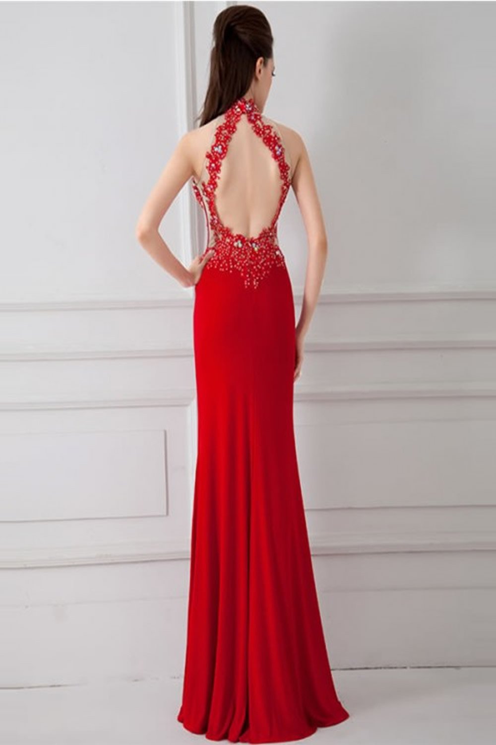 Front Split Sexy Red Beaded Backless Long Prom Dresses ED0699