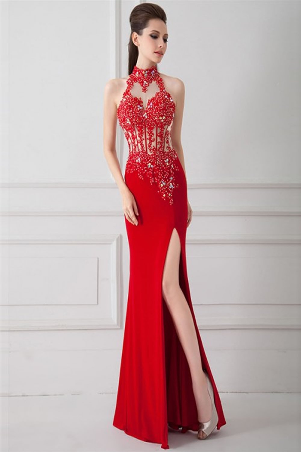 Front Split Sexy Red Beaded Backless Long Prom Dresses ED0699