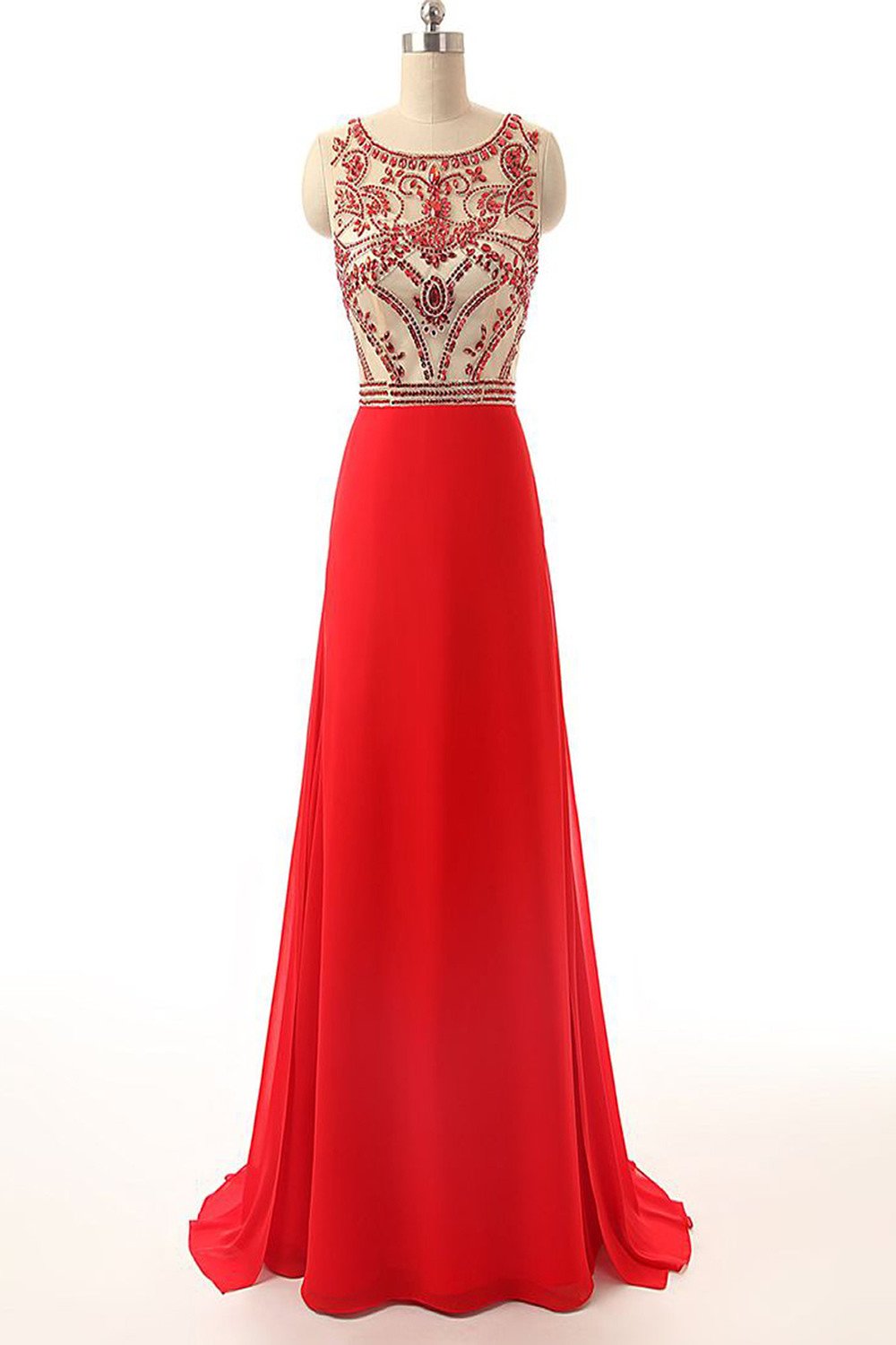 Beaded Long Prom Dress Red Chiffon Cheap Evening Gowns ED0712