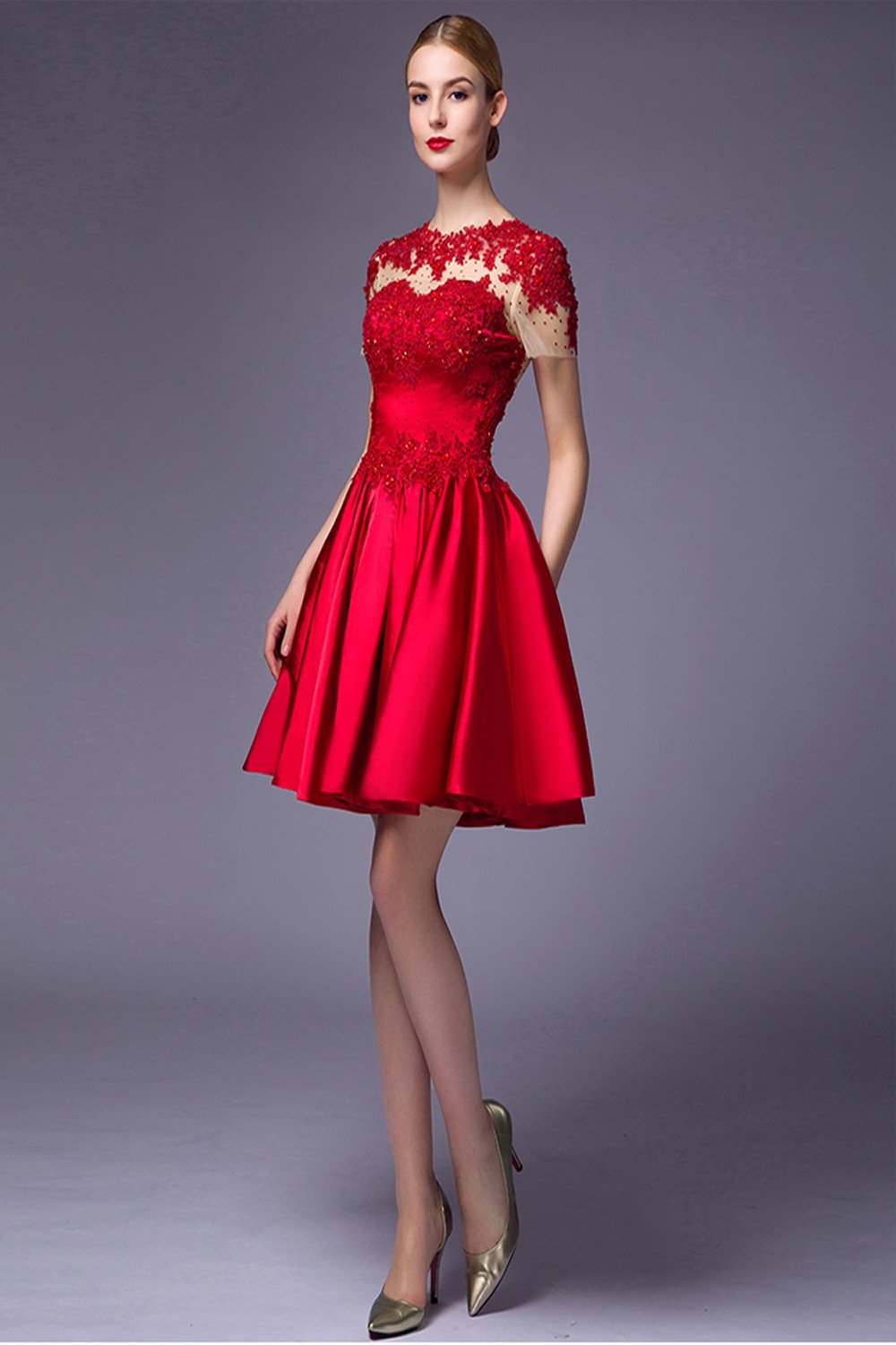 Cap Sleeves Beaded Red Lace Homecoming Cocktail Dresses ED0714