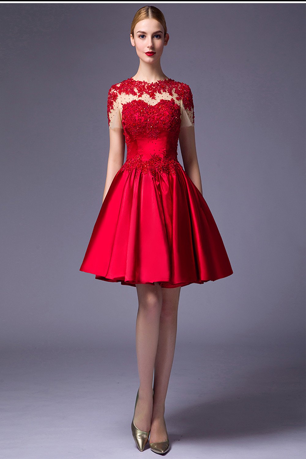 Cap Sleeves Beaded Red Lace Homecoming Cocktail Dresses ED0714