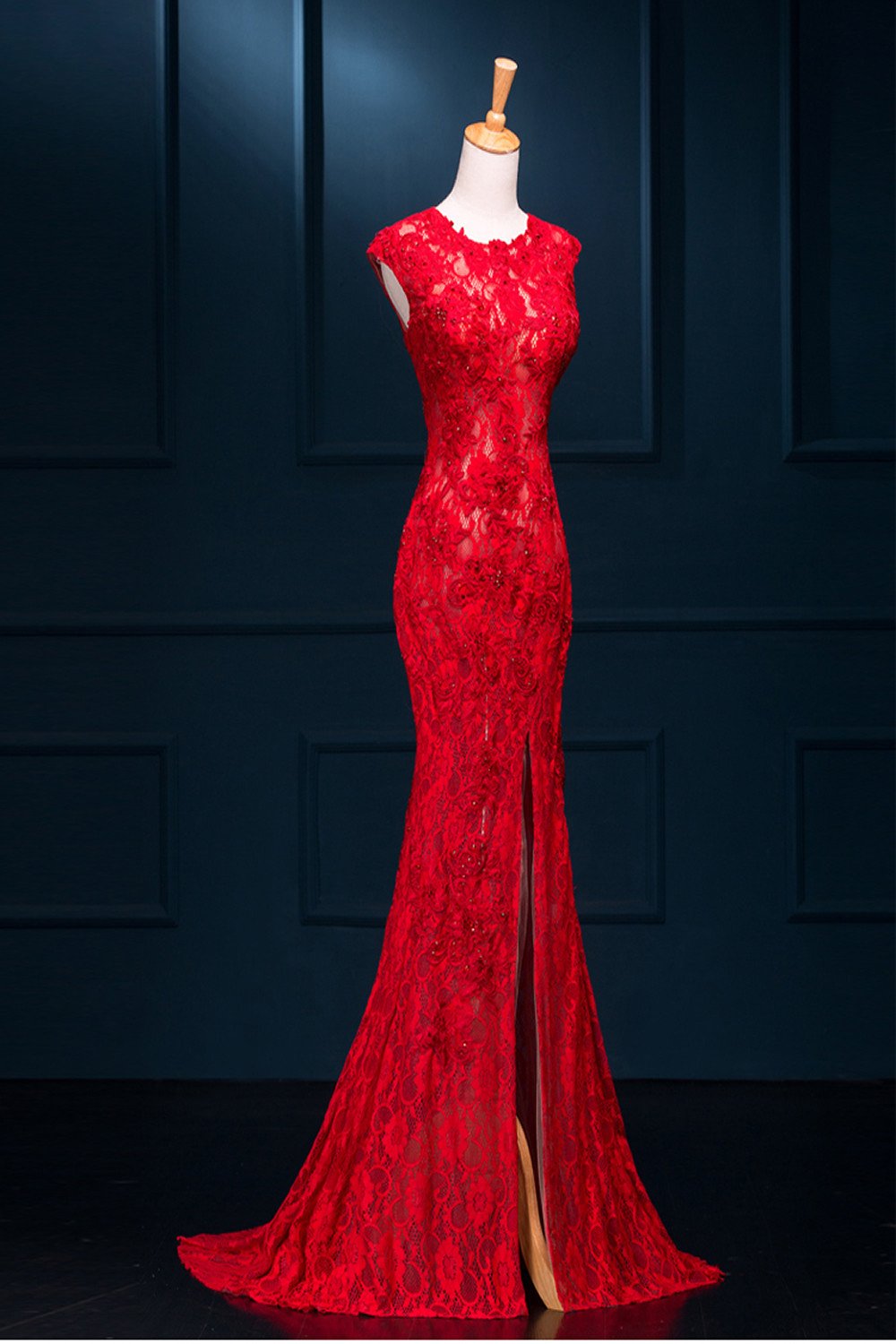 Long Sexy Red Lace See Through Split Mermaid Prom Evening Dresses ED0719