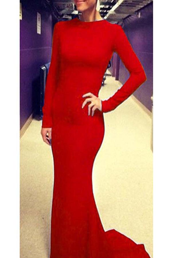 Newest Charming Red Long Sleeve Backless Prom Dress E37