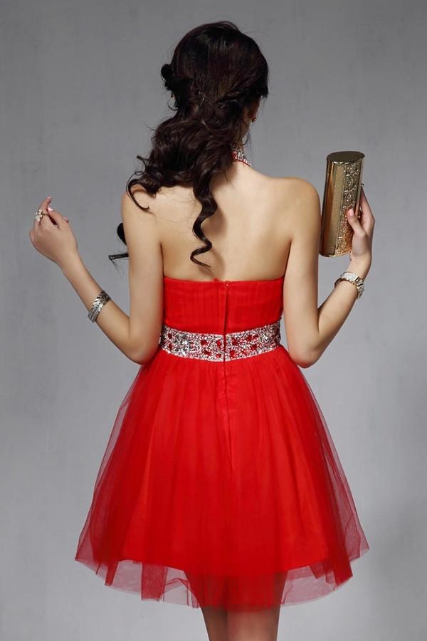 Halter Backless Red Beaded V-neck Homecoming Dresses ED0832