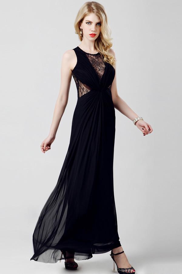 Elegant Chiffon Long Black Lace Simple Prom Dresses ED0833