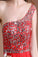 Front Split One Shoulder Red Beaded Open Back Prom Dresses ED0834