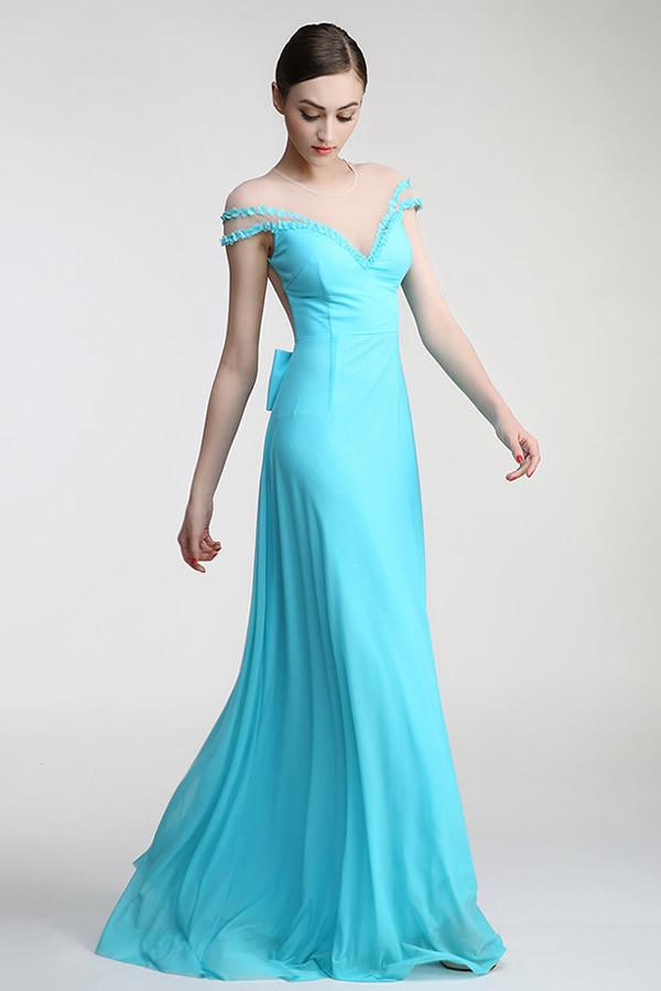 Light Sky Blue Long Deep V-neck Prom Party Dresses ED0838