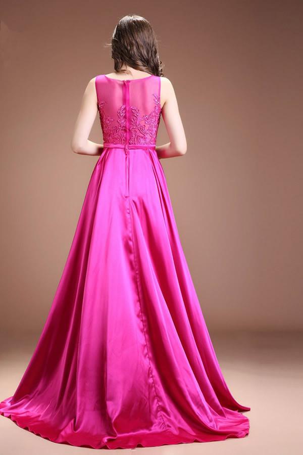 Fuchsia Long Satin Lace Beaded Cap Sleeves Prom Dresses ED0839